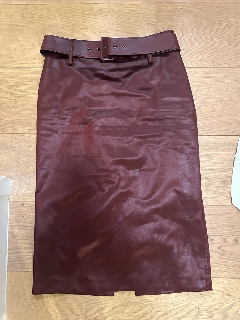 St. John Burgundy Sateen Pencil Skirt with Belt